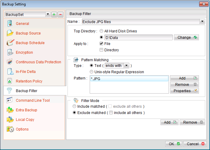Eg. 1. excluding JPG files from D:\Data directory