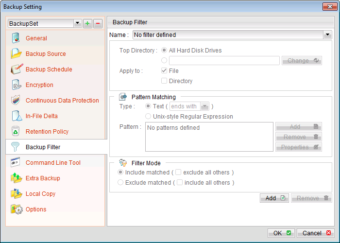 Click Add to create a backup filter